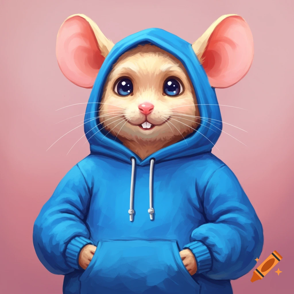 Whimsical image of a cute mouse in a blue hoodie.
