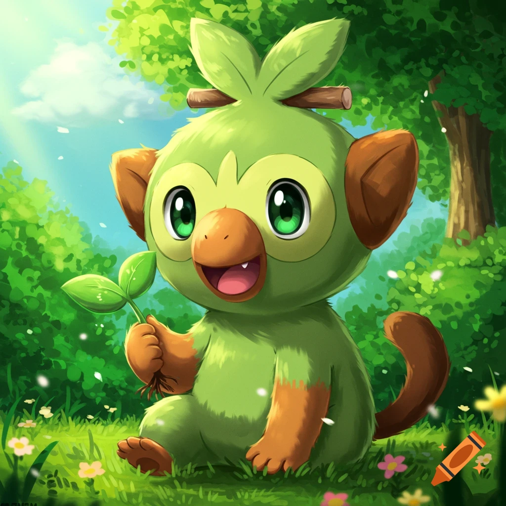 A green monkey-like Pok
00e9mon, Grookey, is sitting in the grass and holding a leaf.