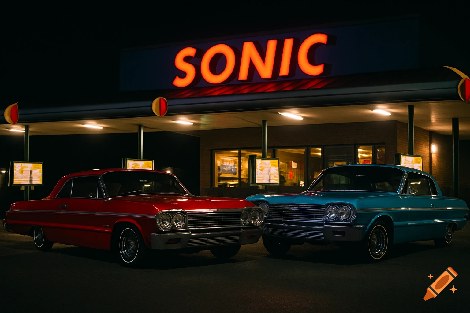 Red and teal lowrider cars parked at night in front of a Sonic restaurant