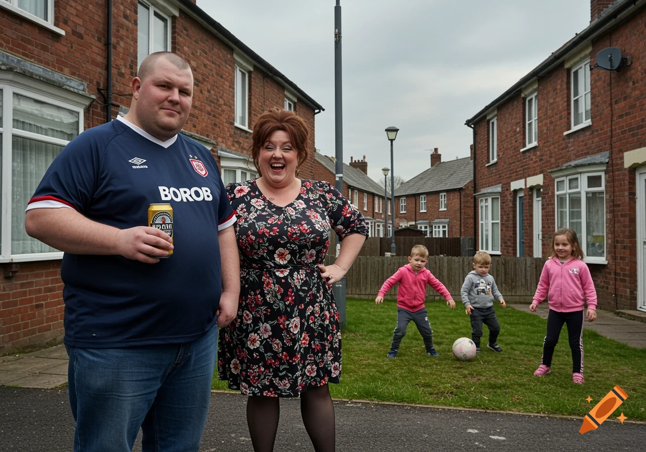 A family stands in front of terraced houses. Children play football in the garden.