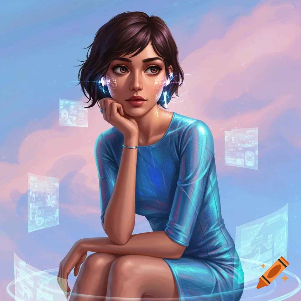 A woman surrounded by futuristic UI screens, sitting and looking thoughtful.