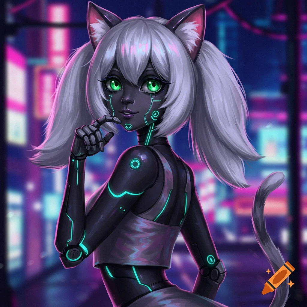 An anime-style image of a robot cat girl with glowing eyes and circuits in a neon cyberpunk city.