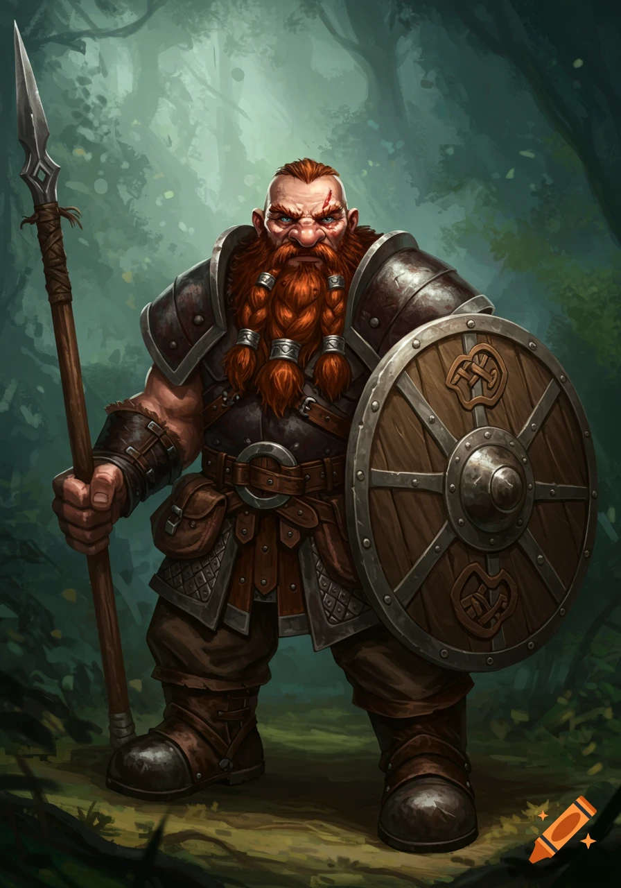 a fantasy dwarf warrior with a spear and shield standing in a forest.