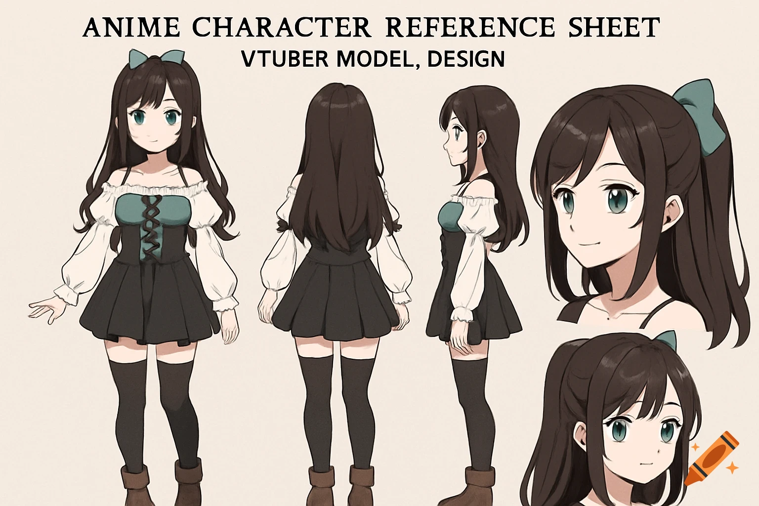 Anime character reference sheet with front, back, side views, and headshots.