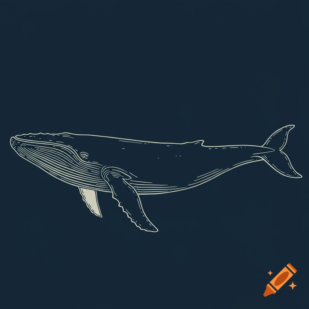 An outline drawing of a whale on a dark blue background.