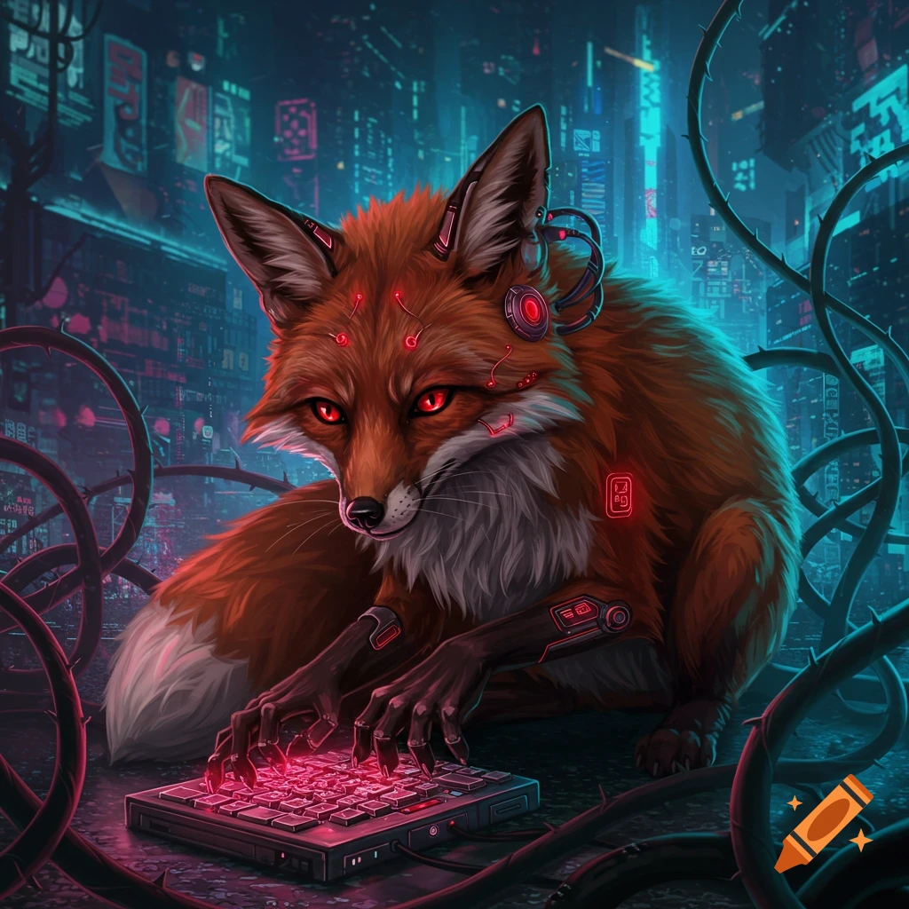 A cybernetic fox with red eyes typing on a glowing keyboard in a dark cyberpunk city.