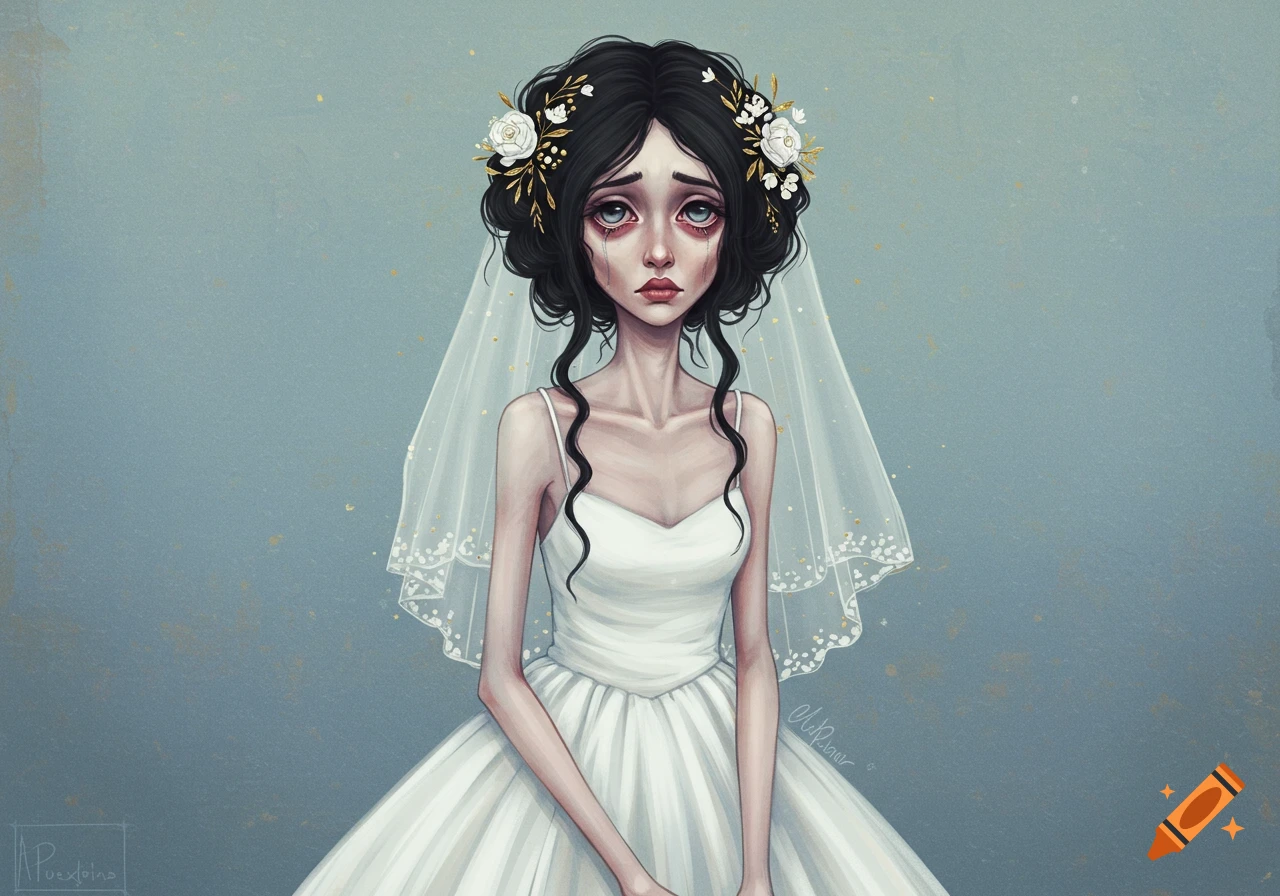 A gaunt bride in a white wedding dress and veil.