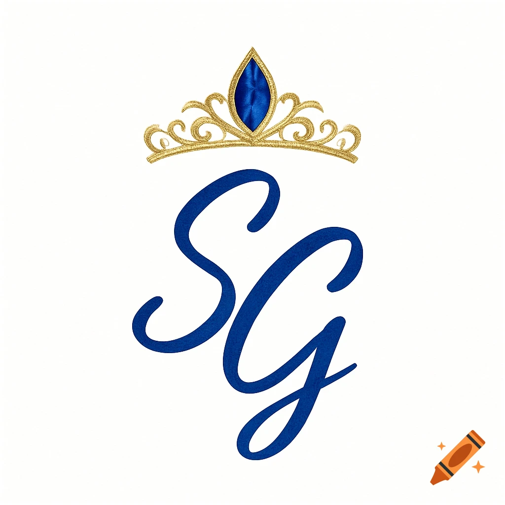 Logo with gold tiara and blue gem above blue cursive letters SG on white background