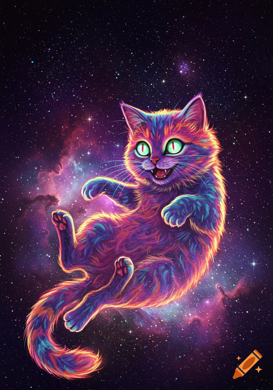 A colorful, glowing cat floats in a vibrant galaxy.