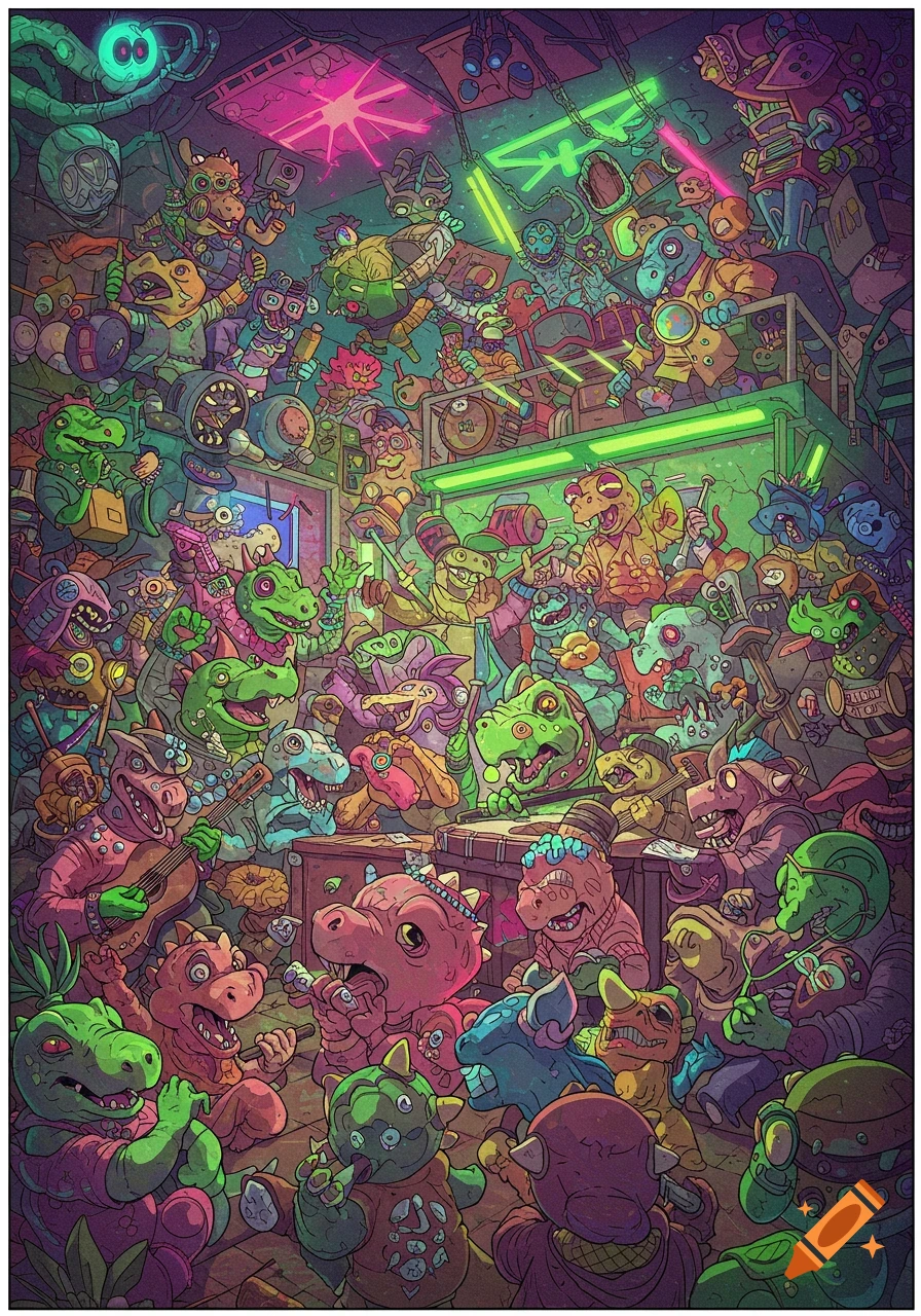 Cartoon dinosaurs partying and playing music in a crowded room.