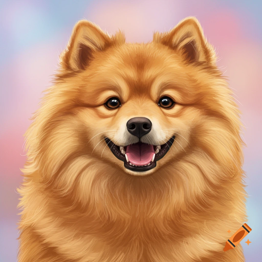 A fluffy golden-brown dog smiling.