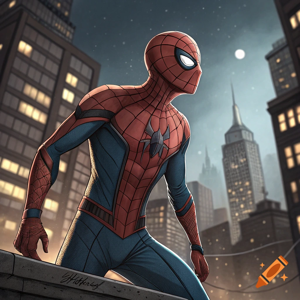 Spider-Man crouches on a rooftop overlooking a city skyline at night.