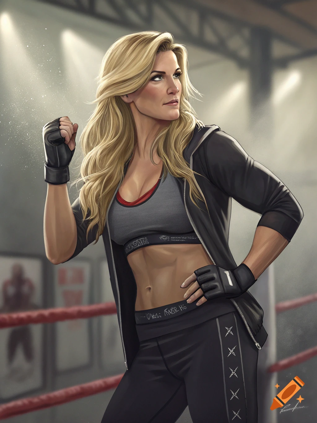 Illustration of a woman in workout gear in a boxing ring, posed with a fist raised.