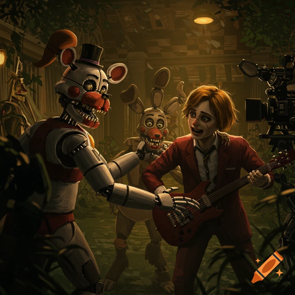 Animatronics and a human character seemingly acting or filming a movie scene in a dimly lit building.