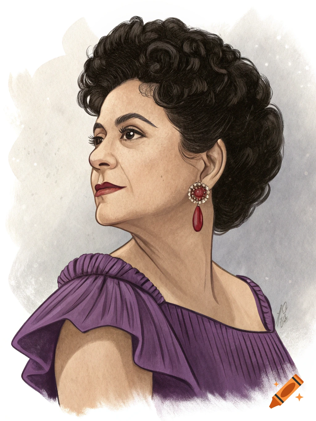 Illustration of a woman with dark curly hair, wearing a purple dress and red dangle earrings, looking to the left.