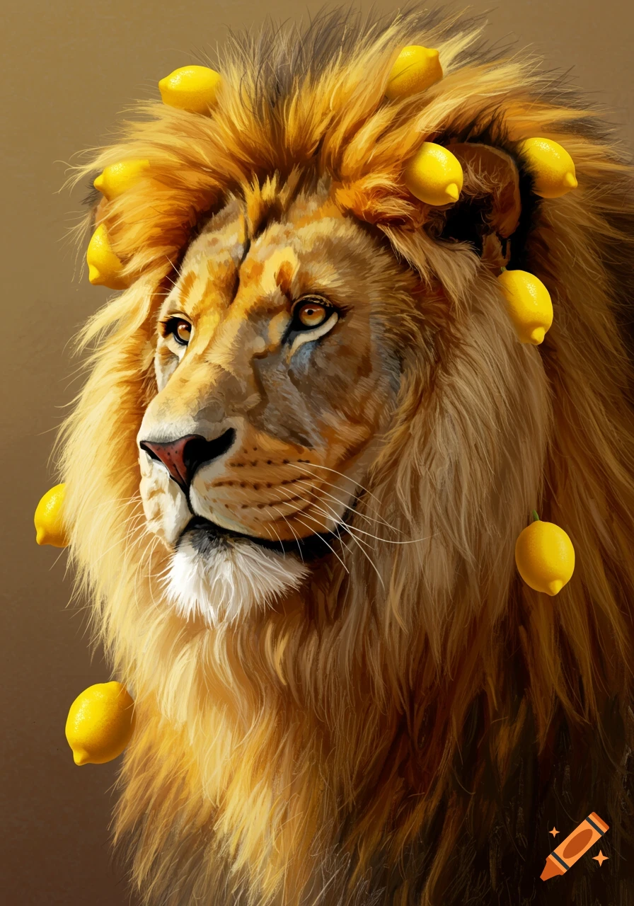 A close-up of a lion with bright yellow lemons scattered throughout its shaggy mane.