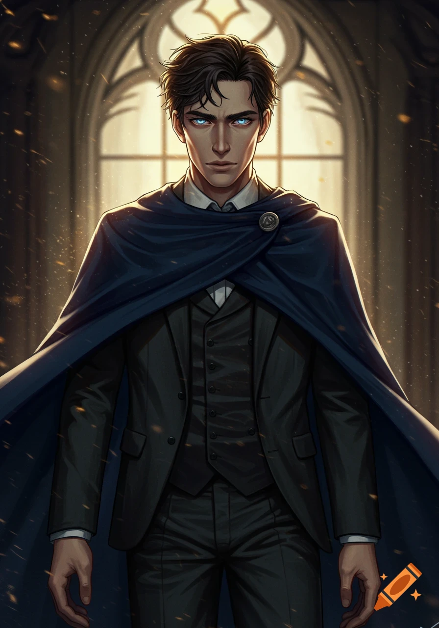 A man with dark hair and icy blue eyes is wearing a suit and a cloak, standing in a grand building.
