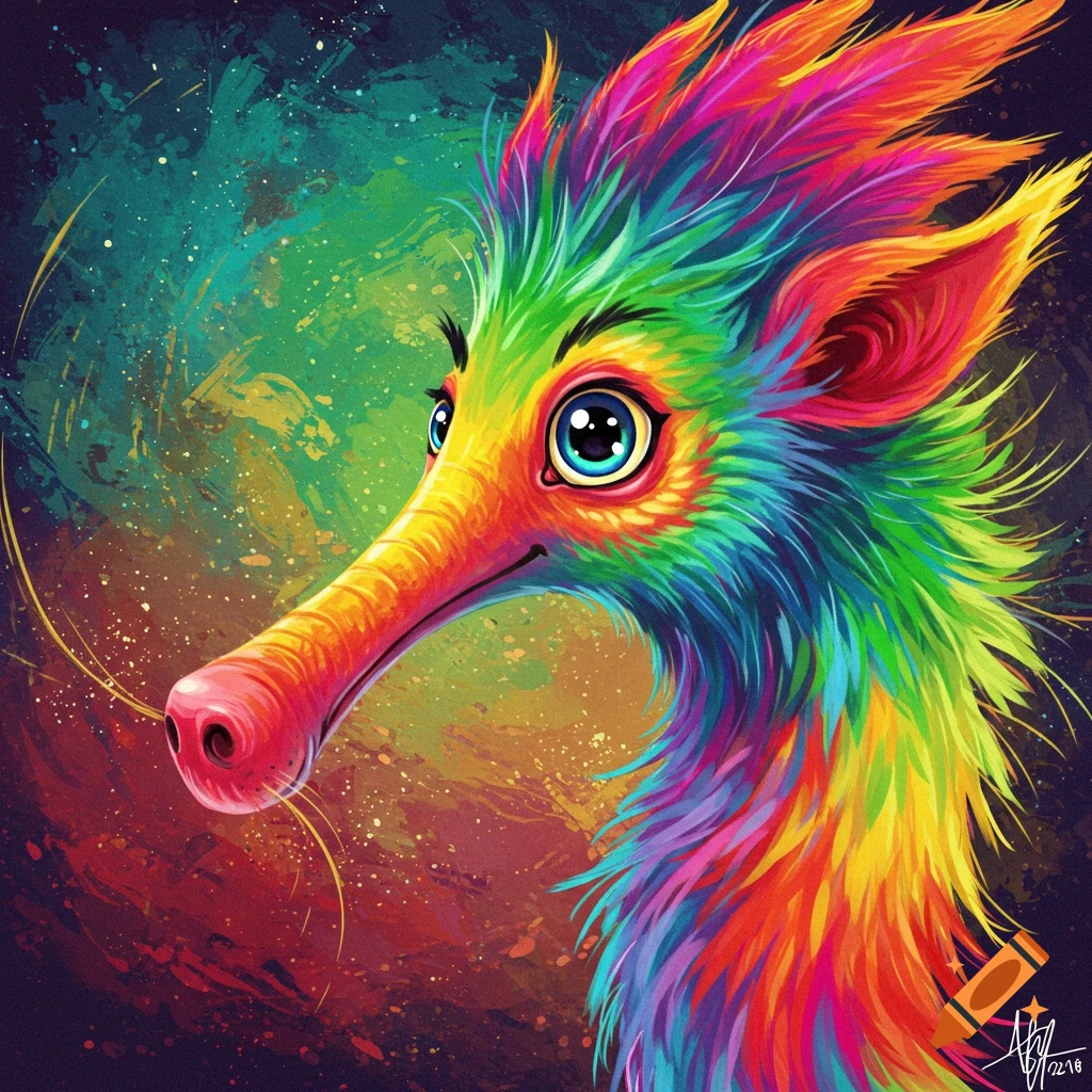 A colorful fantasy creature with a long snout against a dark background.