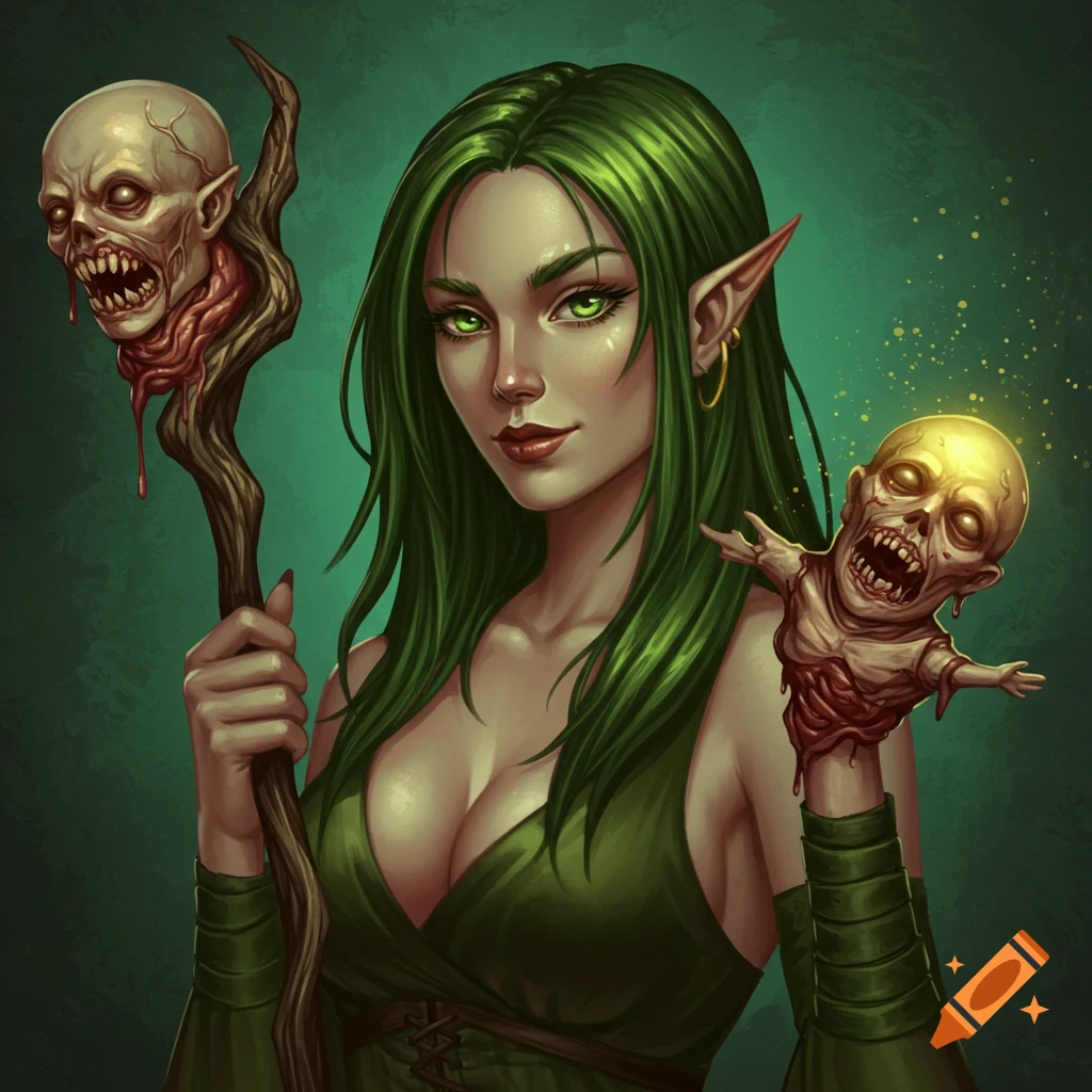 A green-haired elf woman holding a staff with a grotesque head and a small grotesque figure.