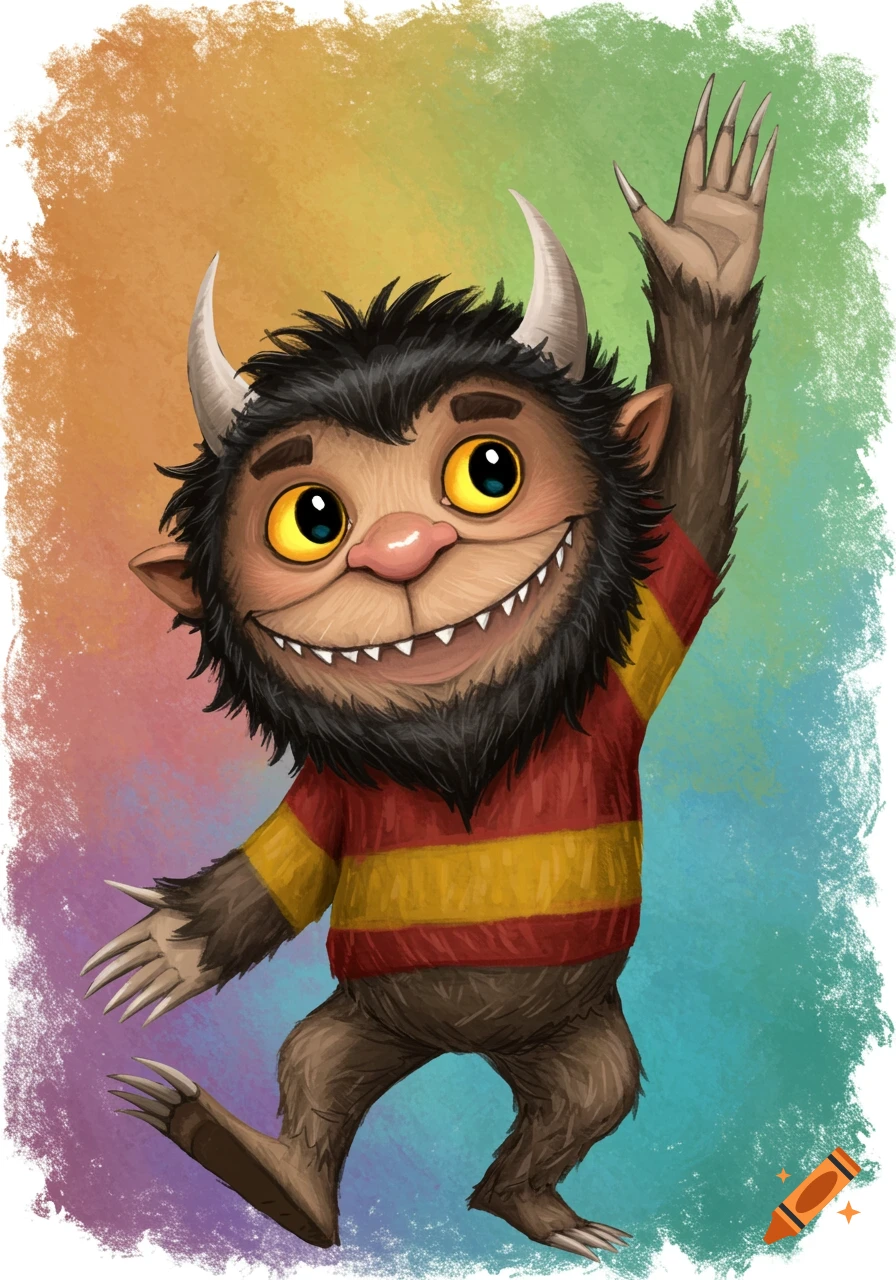 Illustration of a furry monster from Where the Wild Things Are waving, on a colorful background.