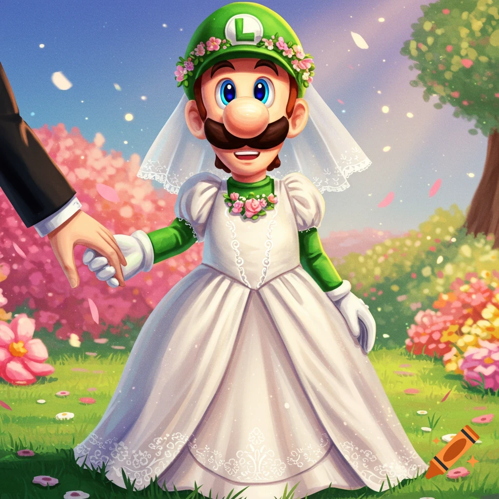 Luigi in a white wedding dress and veil holds hands with someone in a suit in a flowery field.