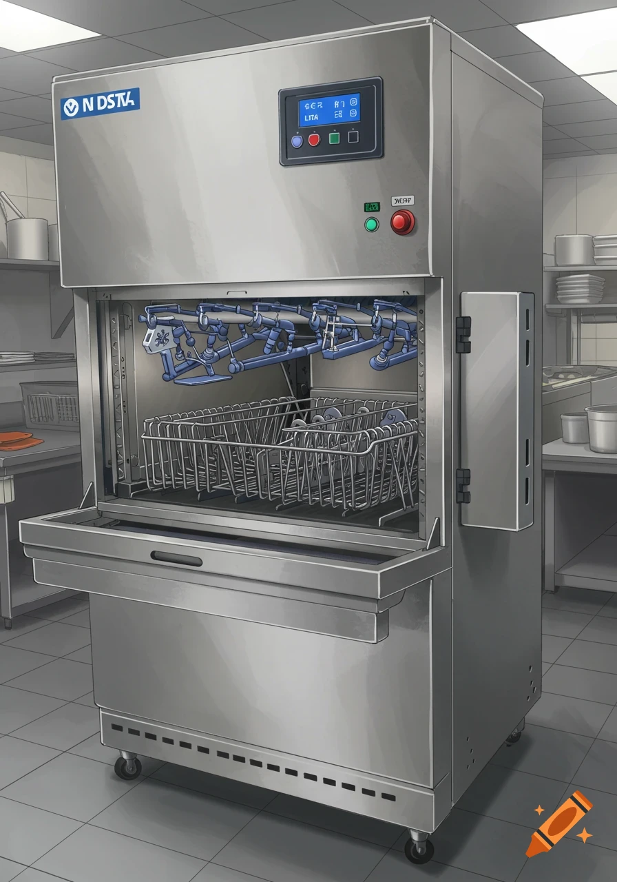 An open commercial dishwasher in a kitchen.