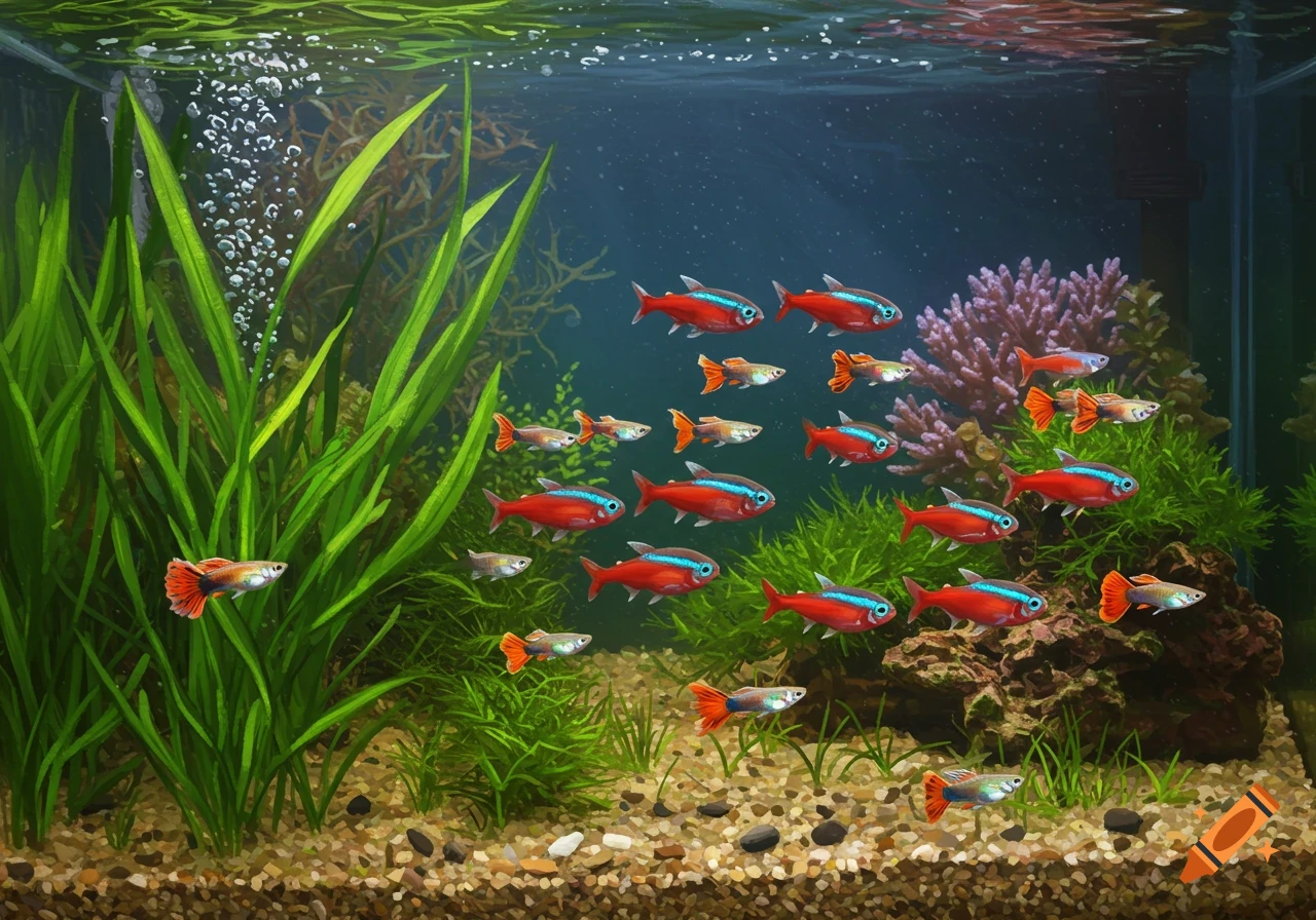 A fish tank with neon tetras and guppies swimming among plants and rocks.