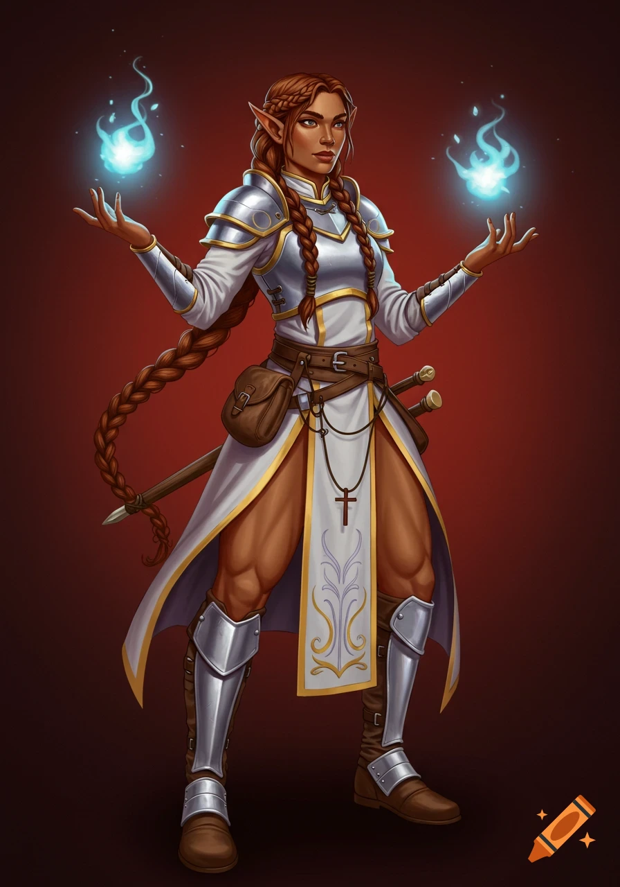 A portrait of an athletic elven woman cleric with braided hair casting a spell with glowing blue flames.