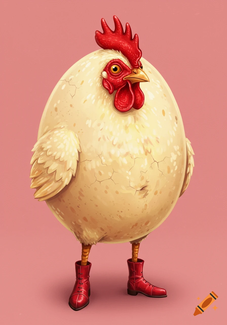 A stylized chicken with an egg body and human legs wearing red boots against a pink background.