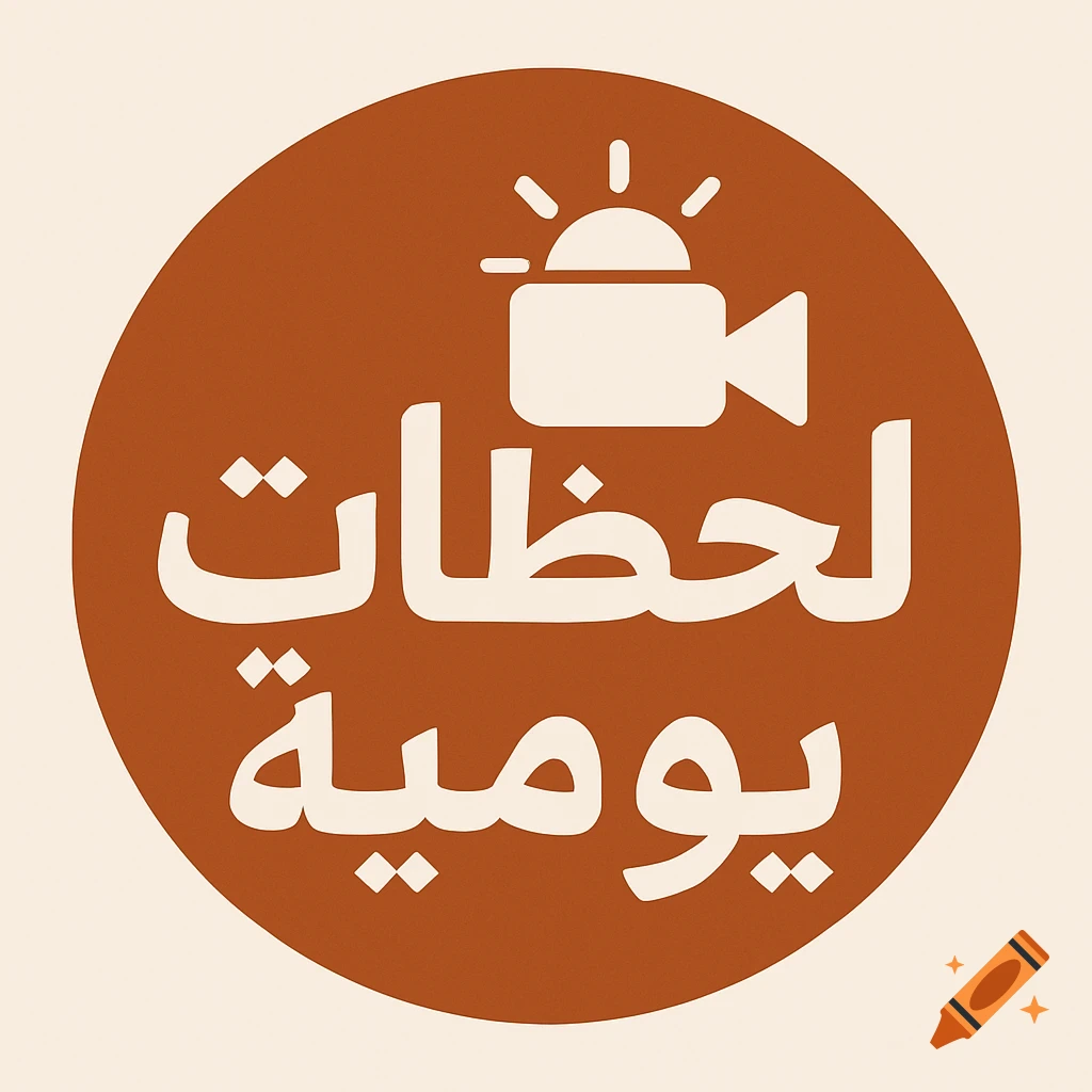 A brown circular logo with white Arabic text and a camera icon on a light background.