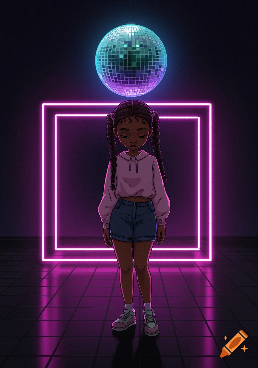 Animated girl with braids stands under disco ball, framed by pink neon square.