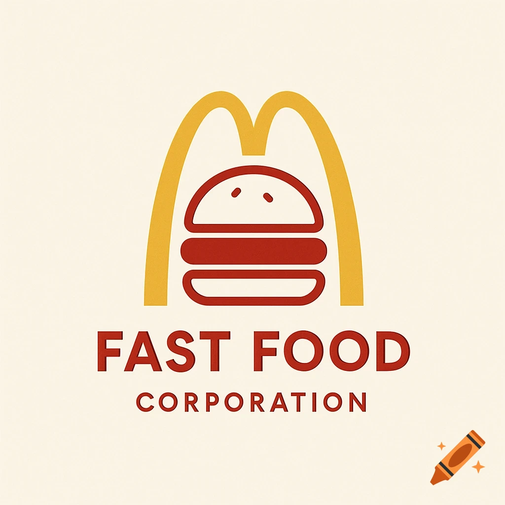 Minimalist logo with a burger symbol inside a yellow arch and text 'FAST FOOD CORPORATION'.