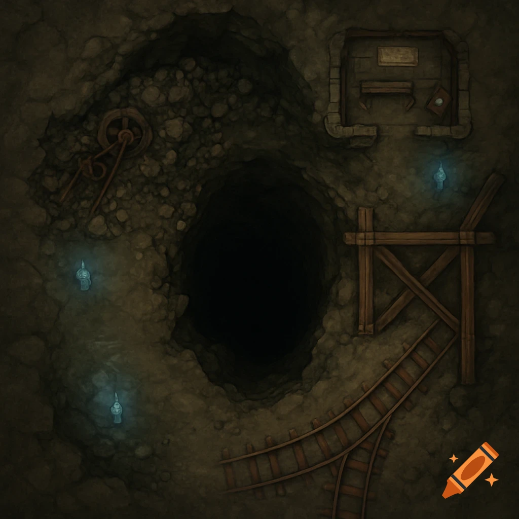 Top-down fantasy illustration of a dark mine entrance with railroad tracks, wooden supports, and a small room.