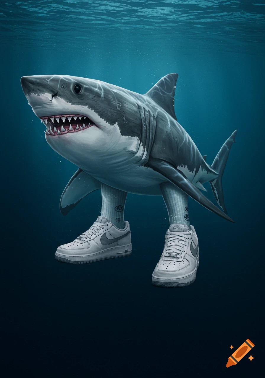 A shark standing in the water wearing socks and Nike shoes.