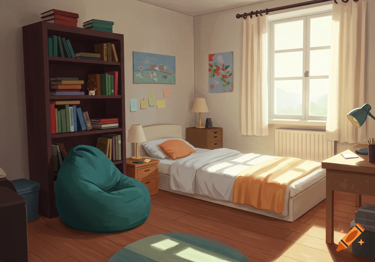 A simple bedroom with a bookshelf, beanbag, bed, and desk.