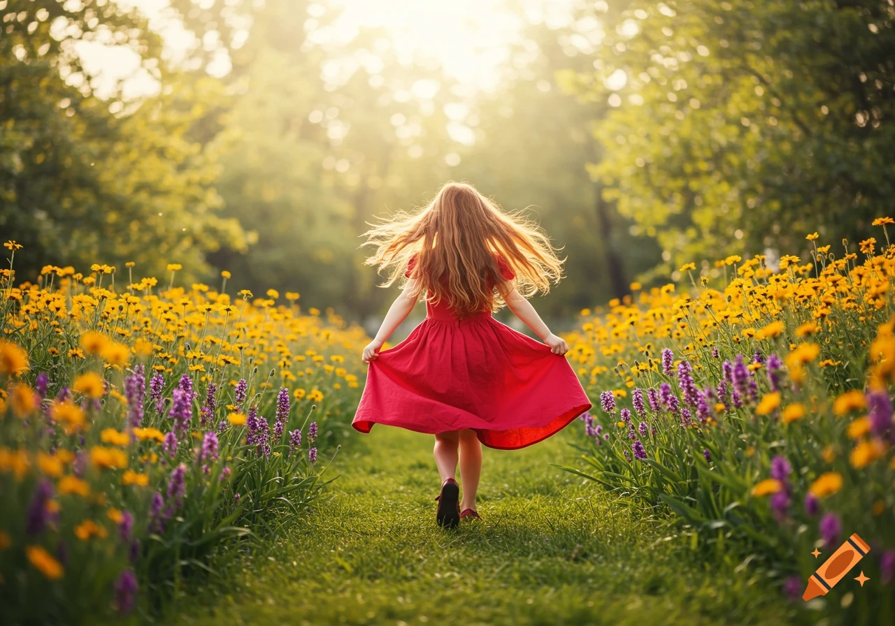 Young girl in red dress running through a field of yellow and purple flowers, painterly style.