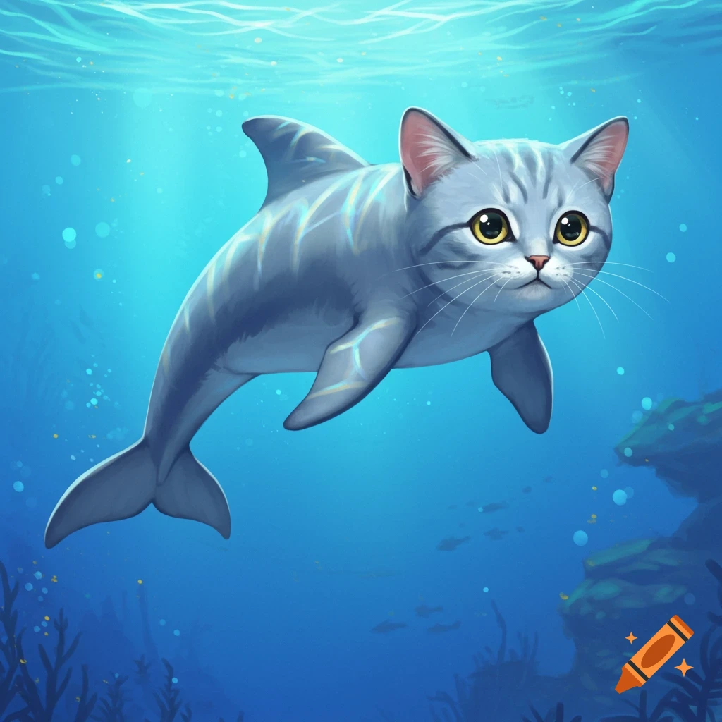 A cute cat-dolphin hybrid swims underwater.