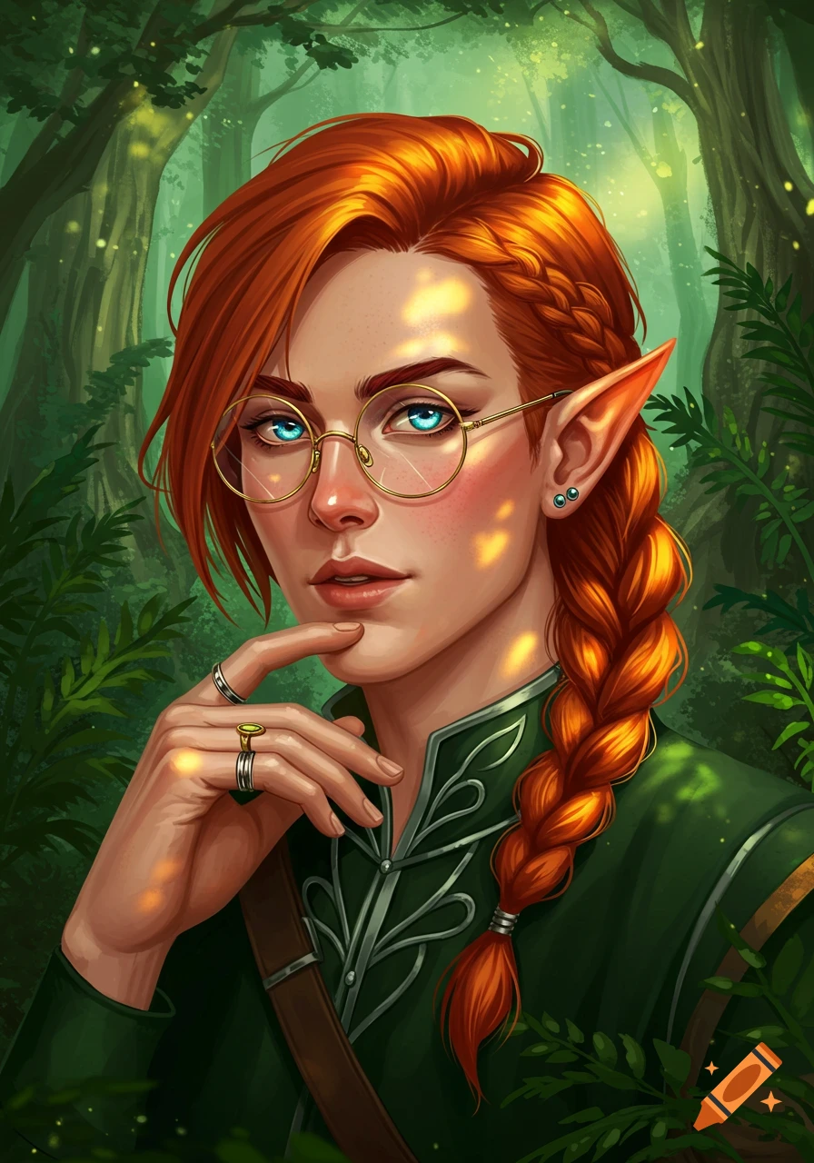 A red-haired elf with glasses in a forest.
