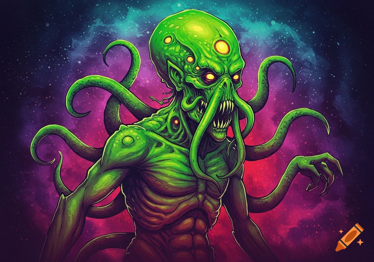A vibrant green Lovecraftian monster with tentacles, multiple eyes, and sharp teeth, set against a cosmic background.