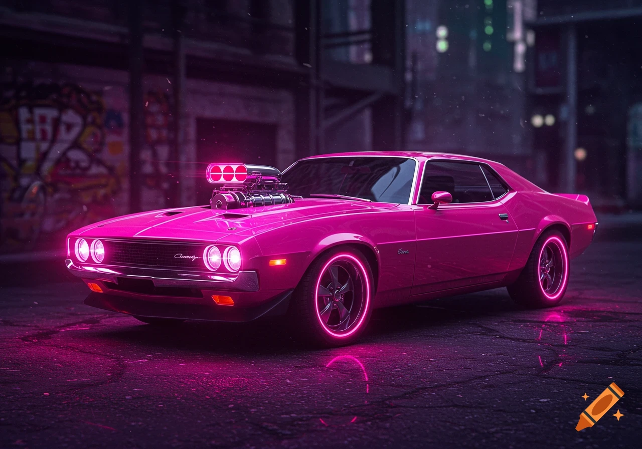 A bright pink muscle car with neon glowing trim sits on a dark urban street at night.