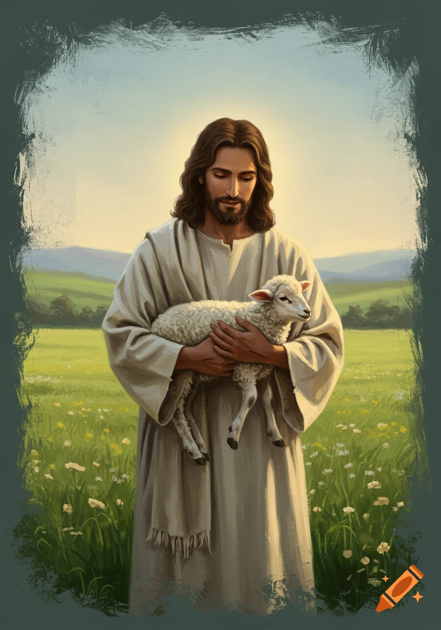 Jesus holding a lamb in a grassy field