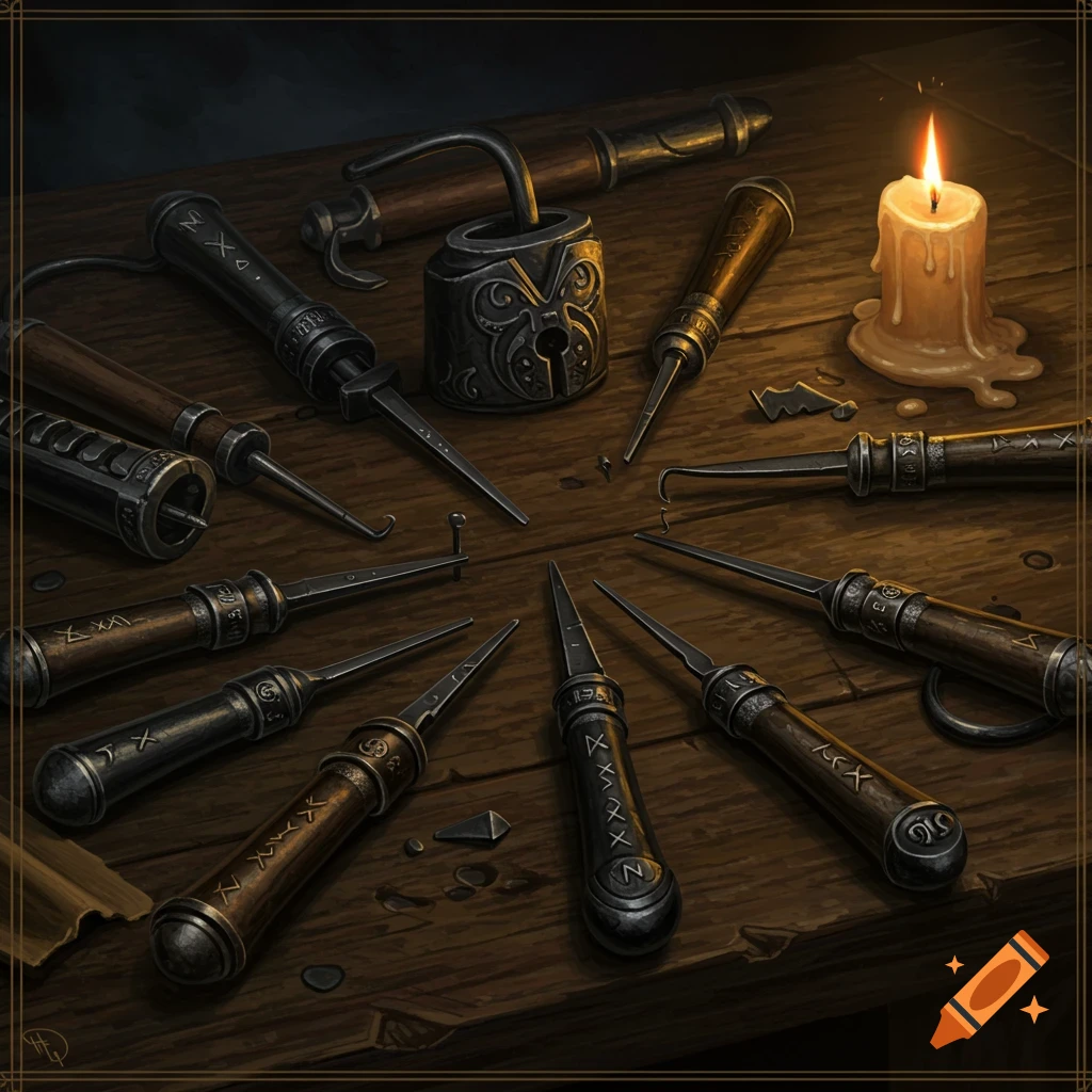 A collection of fantasy lockpicking tools, a lock, and a lit candle on a wooden table, in a dark fantasy painting style.