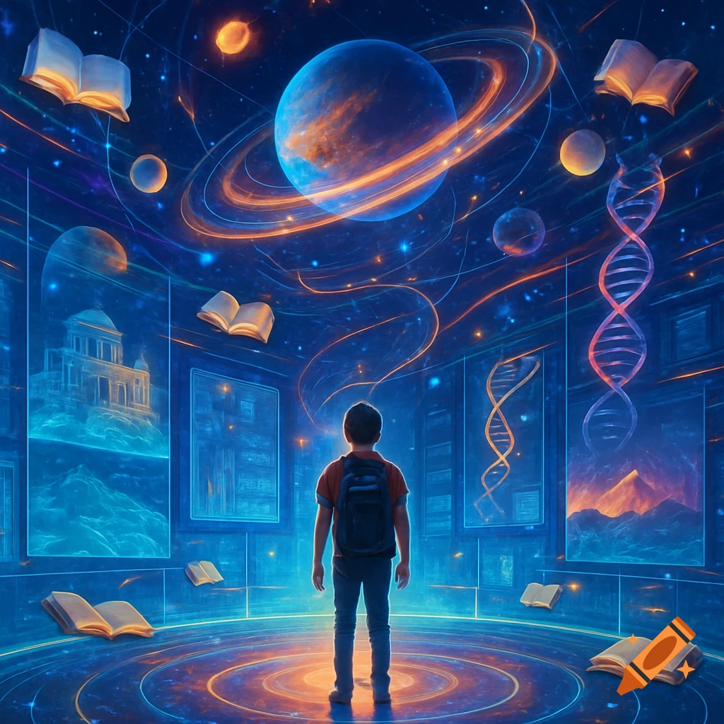 A child stands in a futuristic room with holographic planets, books, DNA strands, and ancient buildings surrounding them.