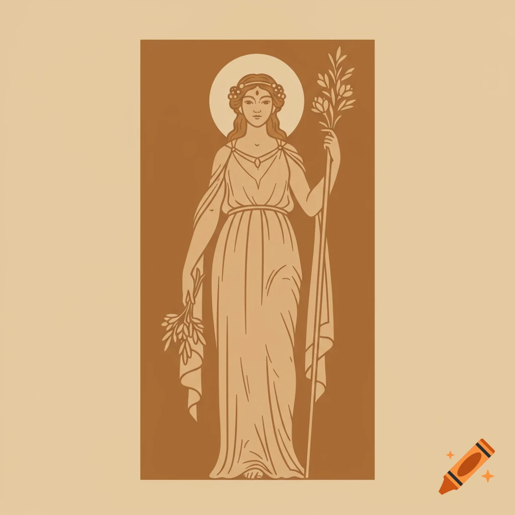Simple two-color illustration of a figure resembling a vintage goddess holding branches.