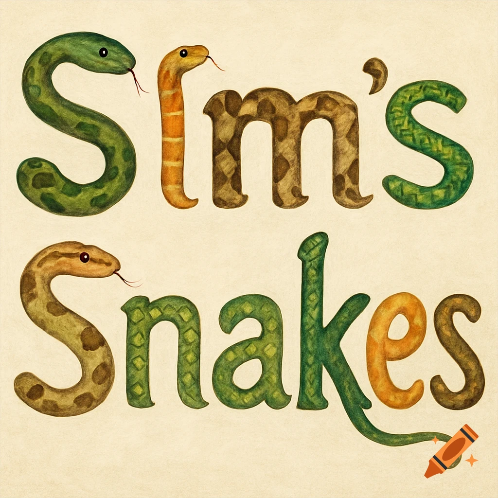 The words "Sim's Snakes" formed by colorful snakes.