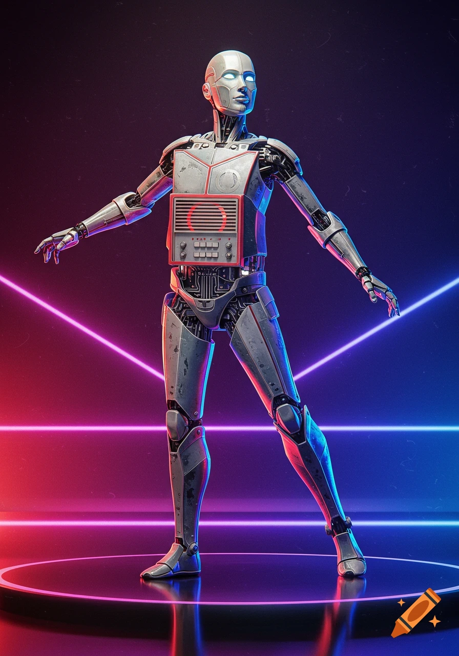 A humanoid robot with a radio panel on its chest stands on a platform illuminated by neon lights.
