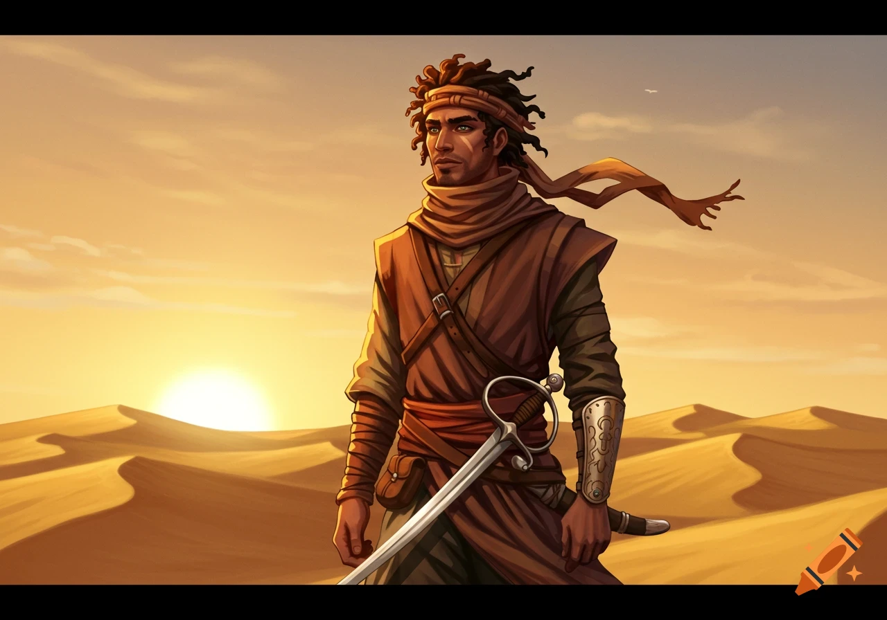 A male desert nomad holding a rapier in a desert landscape.