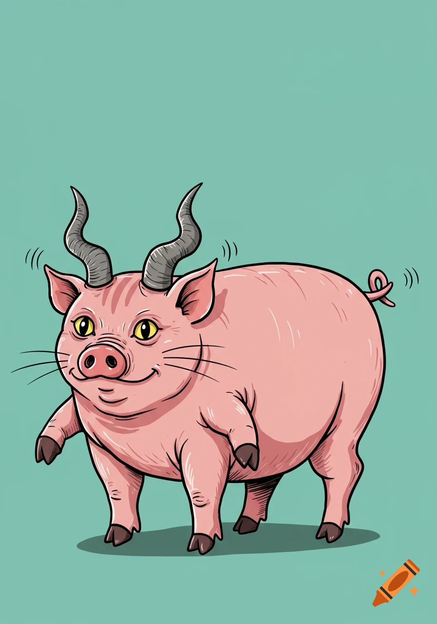 A cartoon hybrid creature with a pig body, horns, cat face, hands for front feet, and a dog tail on a teal background.
