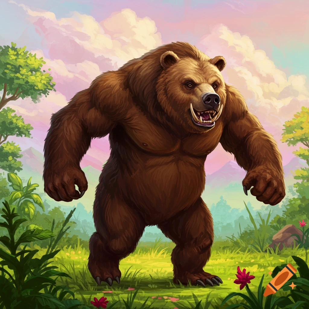 A muscular man-bear creature with tusks walks through a grassy field.