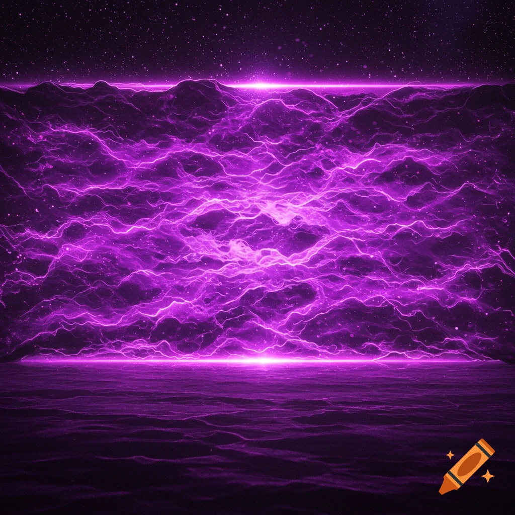 A purple energy wall or forcefield against a starry dark background.